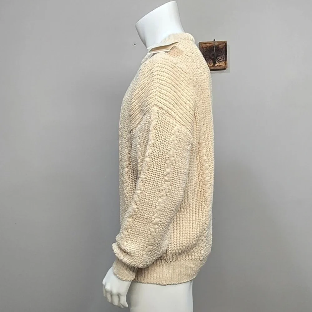 Vintage 80s Mens Cable Knit Sweater XL Cream Cotton Made in USA Chunky Fisherman
